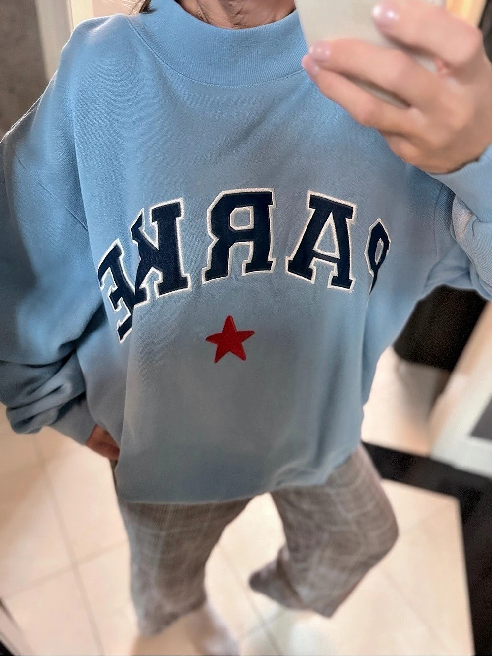 PARKE 4th of July drop. Blue Graphic mockneck Sweatshirt. Size: Large/XL